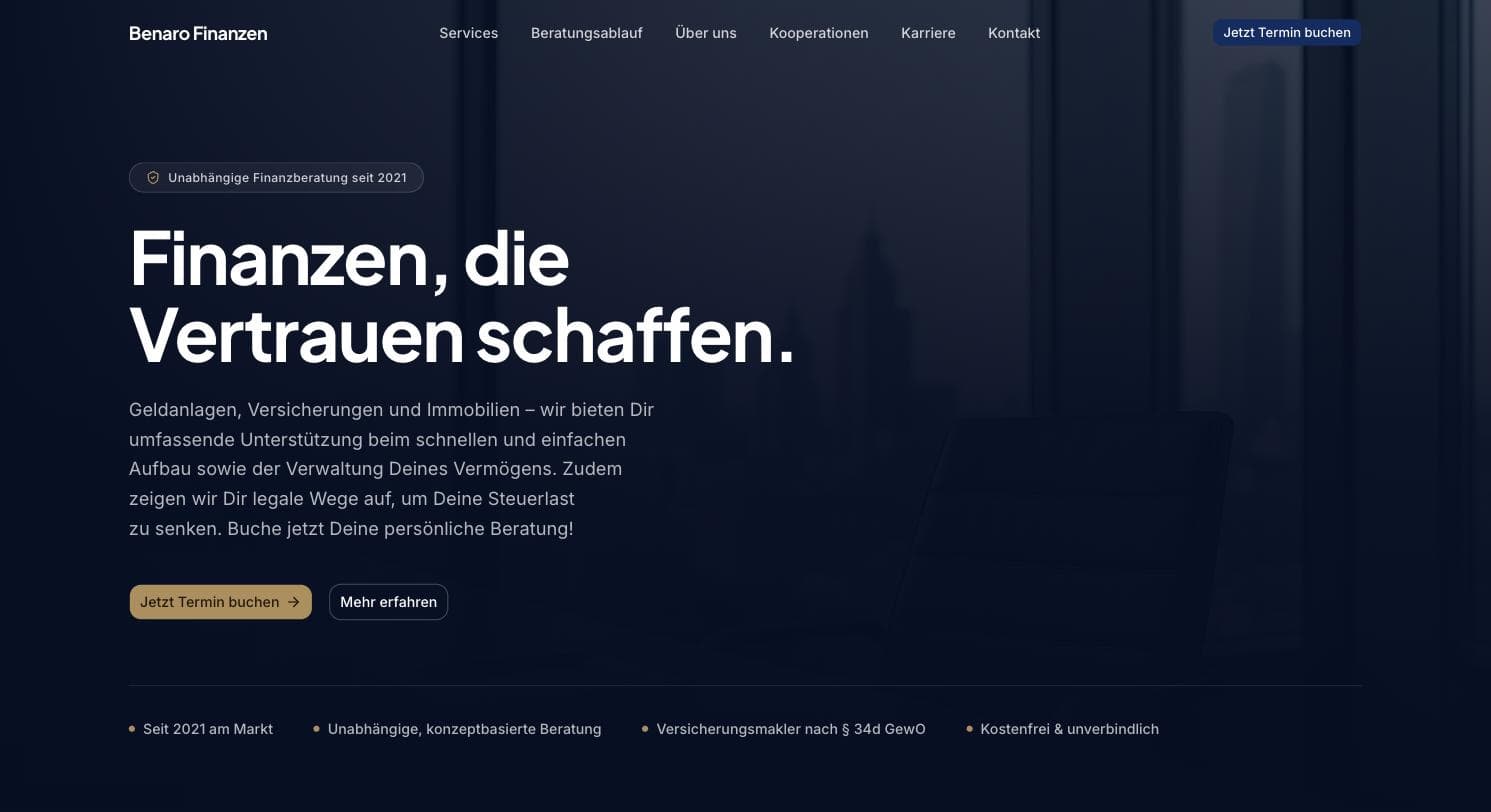 Screenshot der Website Benaro Finanzen